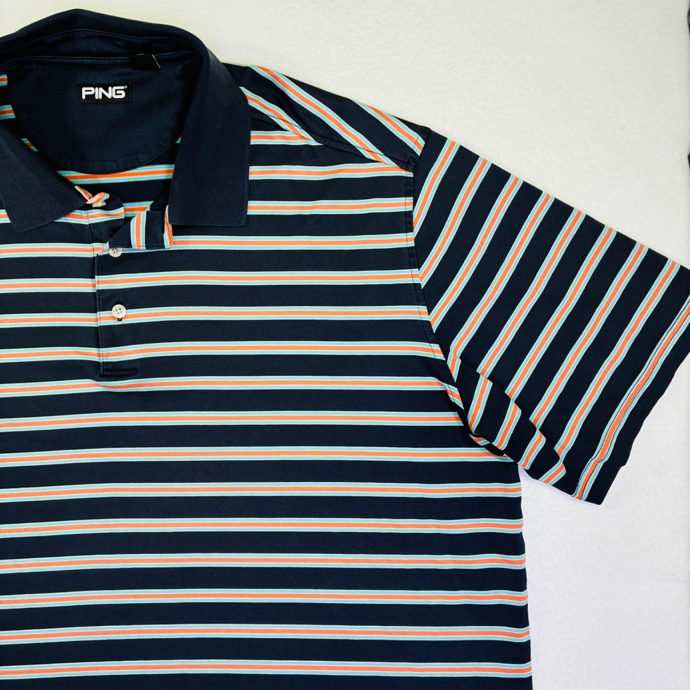 Ping Golf Polo Shirt Mens XL Navy Blue Orange Striped Short Sleeve Performance - Picture 6 of 9